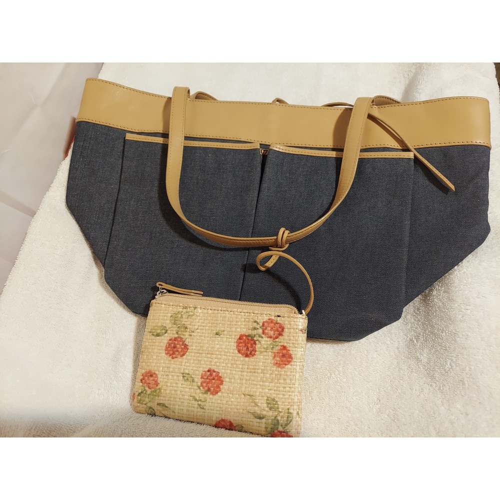 Ann Taylor Denim Tote Bag with Tan Leather Trim and Floral Woven Coin Purse